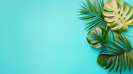 Vibrant Tropical Leaves Photo: Close-up Shot Against a Bright Blue Background. AI Generated