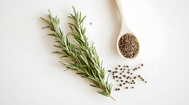 Overhead shot of fresh rosemary sprig, black peppercorns, and a wooden spoon filled with peppercorns on a white background.  Aromatic herbs and spices.