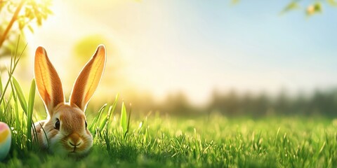 A fluffy bunny rests in lush grass under warm sunlight, symbolizing joy and renewal during Easter. Nearby, a colorful egg evokes delightful springtime festivities with family and fun