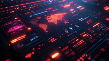 Obraz premium A futuristic digital interface displaying a world map with data visualizations and metrics.