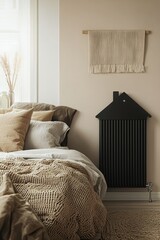 Cozy Minimalist Bedroom with Unique Matte Black House-Shaped Radiator for Modern Warmth