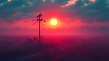 Obraz premium Silhouette of a bird perched on a weathered utility pole at sunrise, with a foggy field in the foreground.