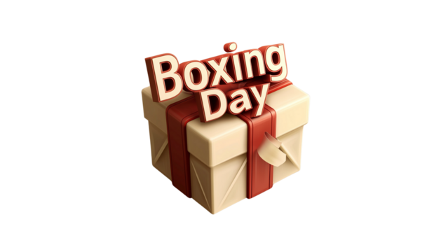 3D rendering of Boxing Day text with an open cardboard box full of gift boxes, cut out