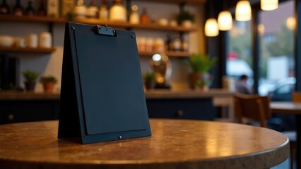 A blank black menu board stands on a wooden table in a cafe. Concept of: Restaurant promotion.