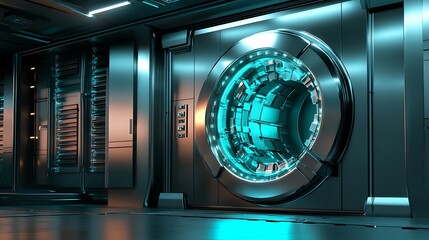 Futuristic Vault Door: Glowing Teal 3D Render Illustration, Sci-Fi Interior. AI Generated