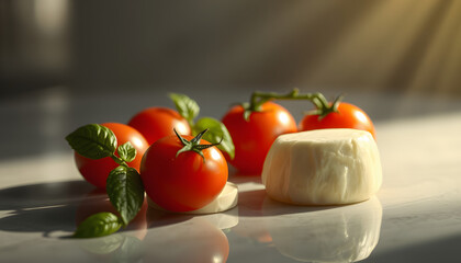 mini mozzarella cheese and tomatoes for salad. isolated with white highlights