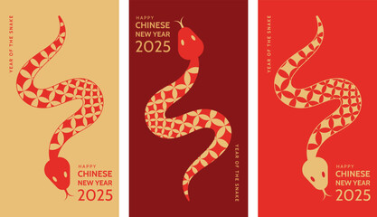 Obraz premium Happy Chinese New Year 2025. Set of greeting cards. Chinese zodiac Snake symbol. Lunar New Year. Vector design.