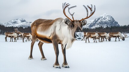 Obraz premium Majestic Reindeer in Snowy Winter Landscape with Scenic Mountain Backdrop, Nature Wildlife Photography, Stunning Antlers, Cold Weather, Herd in Natural Habitat