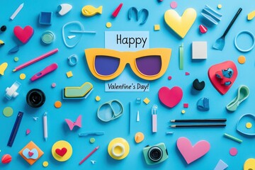 Various colorful decorations and supplies for Valentines Day are spread out on a vibrant blue background. Items include hearts, glasses, and crafting tools, conveying a festive atmosphere.