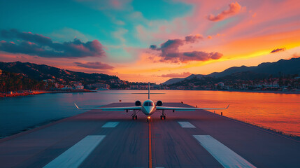 Sunset view of an airplane preparing for takeoff by the seaside