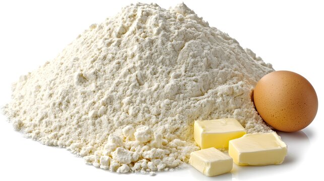 A large pile of flour, next to cubes of butter and a single brown egg. Ingredients for baking, isolated on white. - Powered by Adobe