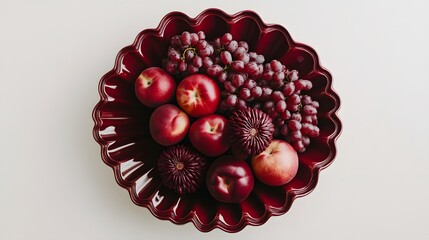 A dark red, fluted bowl filled with red grapes, nectarines, and decorative dark red flowers. The fruit and bowl create a rich, autumnal aesthetic.