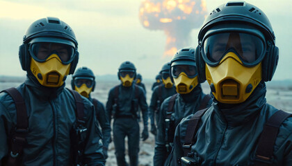 Naklejka premium Humans wearing suits and masks to protect against toxic gases in the atmosphere from the nuclear explosion. Reveals how the way of life of humans has changed,
