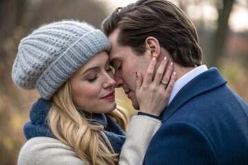 Fototapeta premium A close-up romantic moment between a couple, captured with a cinematic feel the woman is leaning in for a tender kiss, her hand gently caressing the man’s cheek, showcasing soft, delicate fingers and 