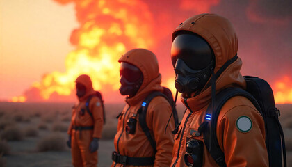 Fototapeta premium Humans wearing suits and masks to protect against toxic gases in the atmosphere from the nuclear explosion. Reveals how the way of life of humans has changed,