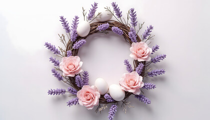 Elegant Easter wreath with lavender, pink roses, and white eggs on pastel background
