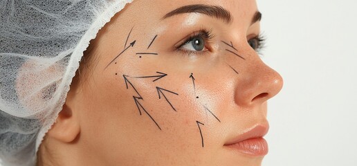 Close-up of a woman's face with cosmetic markings for a procedure.