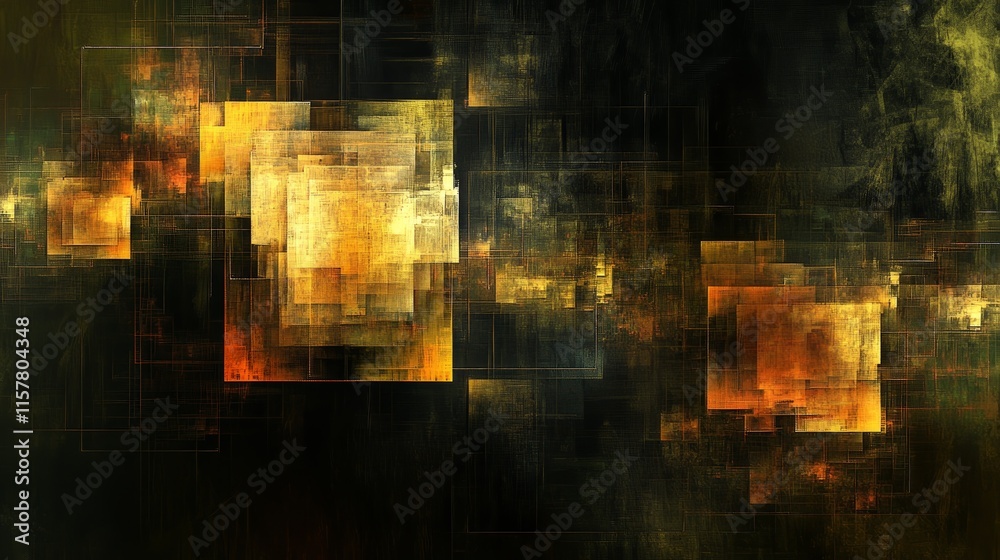 Poster abstract golden glowing squares in dark background