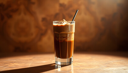 Protein chocolate cocktail drink in glass on brown background, pixel art. isolated with white highlights