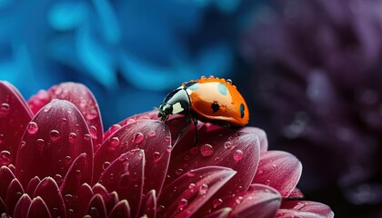 A Stunning CloseUp of a Ladybug on a Vibrant Red Flower Petal Adorned with Water Drops, Capturing the Beauty of Nature in Detail and Showcasing the Intricate Relationship Between Insects and Flora