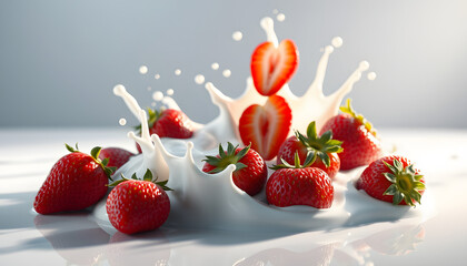 milk or yogurt splash with strawberries 3d rendering, Diffused lighting. isolated with white highlights