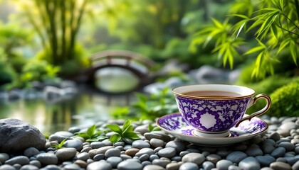 Purple matcha tea in a porcelain cup, Japanese zen garden, stones, water, bridge, bamboo, tranquility, stock photography 32K, UHD, ultra HD quality, high quality