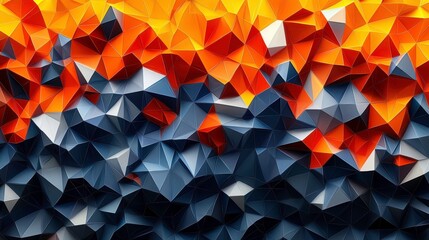 Abstract geometric pattern with vibrant orange and blue tones creating a visually striking low-poly texture ideal for modern design and artistic projects