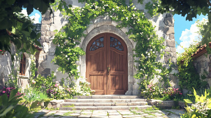 Fototapeta premium Inviting Stone Doorway: Lush Summer Digital Painting. AI Generated