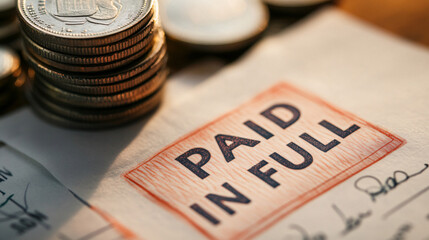 A minimalistic close-up of a document displaying the words paid in full alongside neatly stacked coins, symbolizing financial completion and transactions
