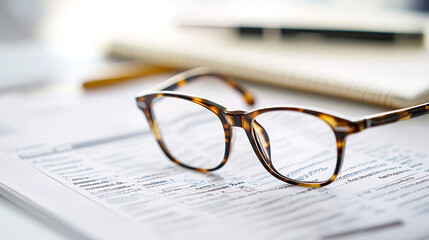 A minimalistic close-up of a pair of stylish tortoiseshell glasses resting on a pile of documents and papers in a bright workspace