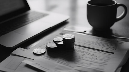A minimalistic close-up of a stack of coins on documents with a laptop and a coffee cup in a professional workspace setting