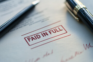 A minimalistic close-up of a stamped document featuring the bold text "paid in full" in red ink alongside two pens on a wooden surface