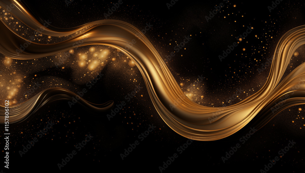 Poster Captivating abstract backdrop featuring swirling golden light trails and sparkles on a dark black canvas, exuding elegance and luxury