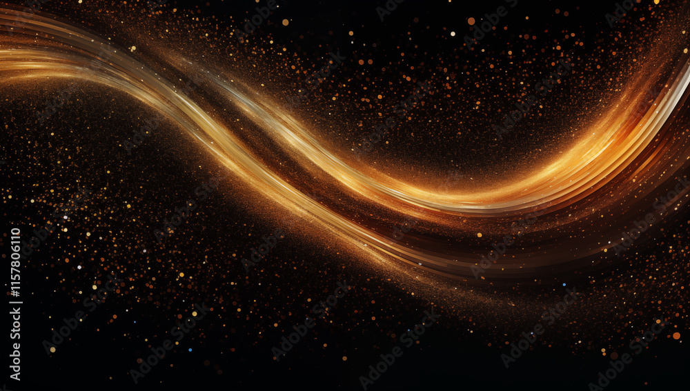 Poster enchanting abstract background with golden light trails and sparkling particles on deep black, radia