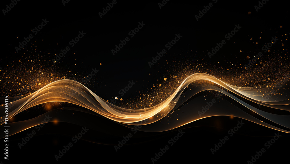 Poster stunning abstract composition with golden light trails and shimmering particles against a dark black