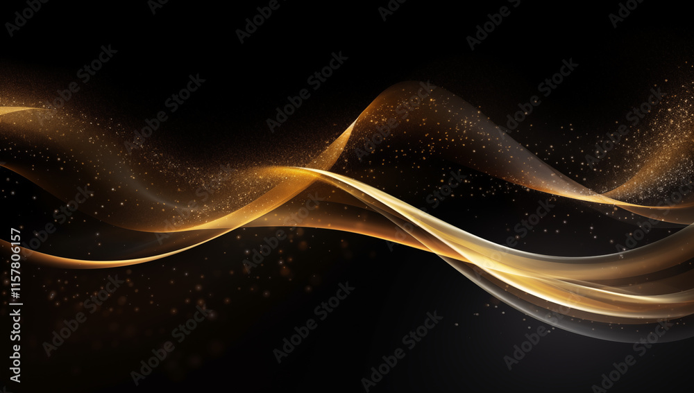Poster Mesmerizing abstract scene with swirling golden light trails and sparkling particles on a black surface, evoking a sense of elegance and luxury.