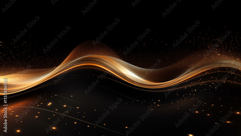 Poster stunning abstract composition with golden light trails and shimmering particles against a dark black