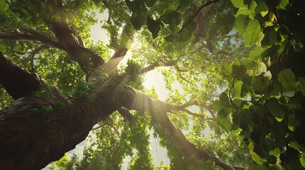 Fototapeta premium A worm's-eye view of a lush tree canopy with sunlight filtering through vibrant leaves creating a serene and tranquil atmosphere
