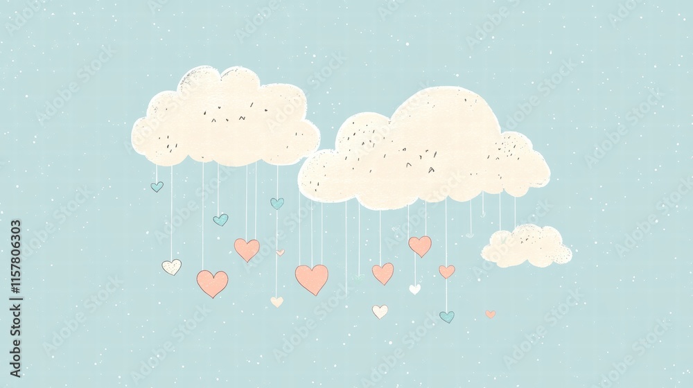Poster whimsical valentines day design featuring hand drawn clouds and hearts with space for text. generati