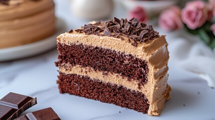 Decadent Layered Chocolate Cake With Rich Frosting and Shaved Toppings