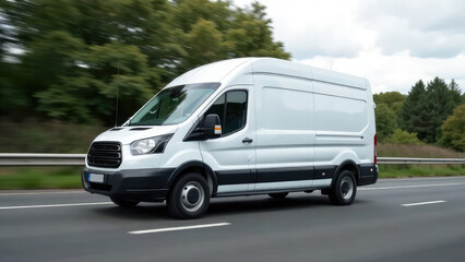 A white delivery van is driving on a highway with trees in the background. Concept of: Transportation logistics.