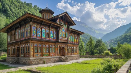 Fototapeta premium Magnificent Wooden Palace with Stained Glass Windows