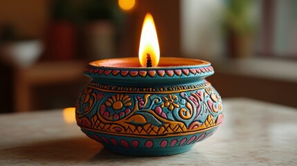 Decorative Oil Lamp with Intricate Designs and Flickering Flame on a Beautiful Background, Perfect for Cultural and Festive Themes in Stock Photography