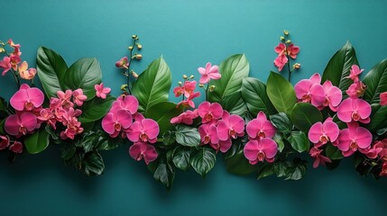 Fototapeta premium A vibrant arrangement of pink orchids and lush green leaves against a teal background.