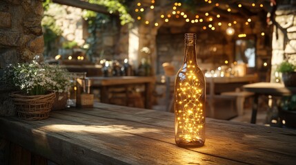 Glass Bottle Filled with Warm LED String Lights on Rustic Wooden Table Surrounded by Beautiful Outdoor Setting and Soft Ambient Lighting Atmosphere