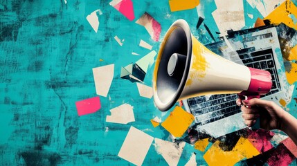 Trendy retro Halftone Collage with Megaphone, Laptop and Hand. Social media news and propaganda. Pop art design loudspeaker. Promotion banner with ripped paper. Conceptual composition