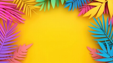 Colorful Paper Leaves Frame on Bright Yellow Background for Vibrant Designs