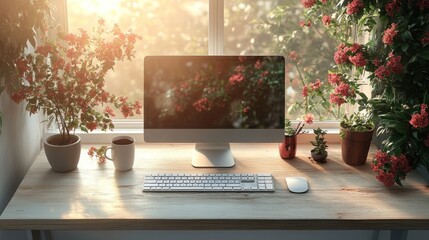 Sunlit home office desk with plants and computer.