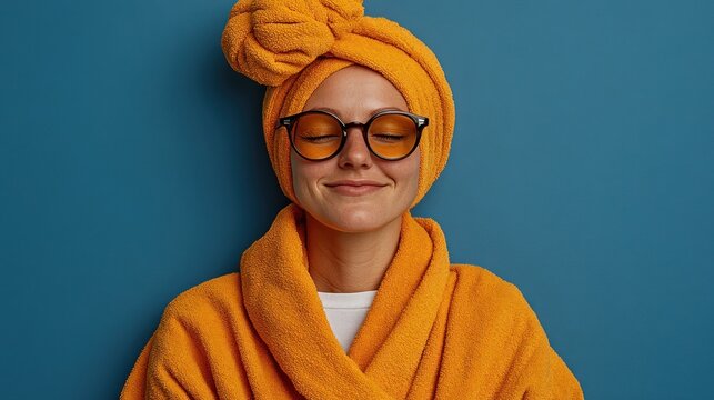 Woman with glasses and a towel head wrap smiles contentedly in a cozy, colorful setting
