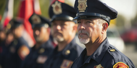 Group of mature caucasian male police officers in uniform at outdoor ceremony Refired Not Retired Day
